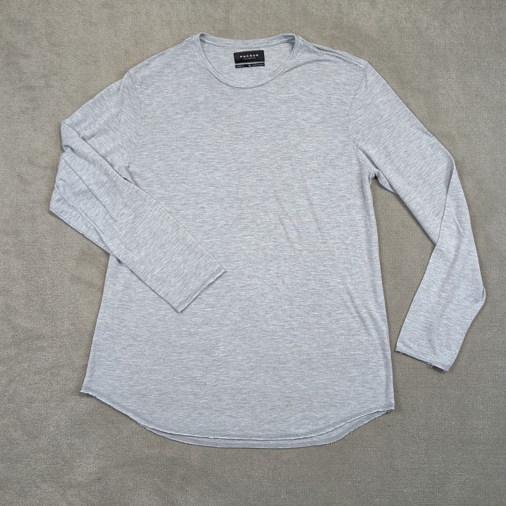 PacSun Shirt Women XL Gray Striped Longer Fit Curved Hem Long Sleeve Crew Neck